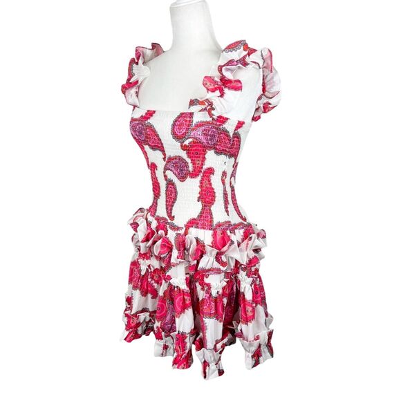Taroo Dress Women Medium White Red Ruffled Smocked Fit Flare Mini Casual Party - Picture 2 of 12